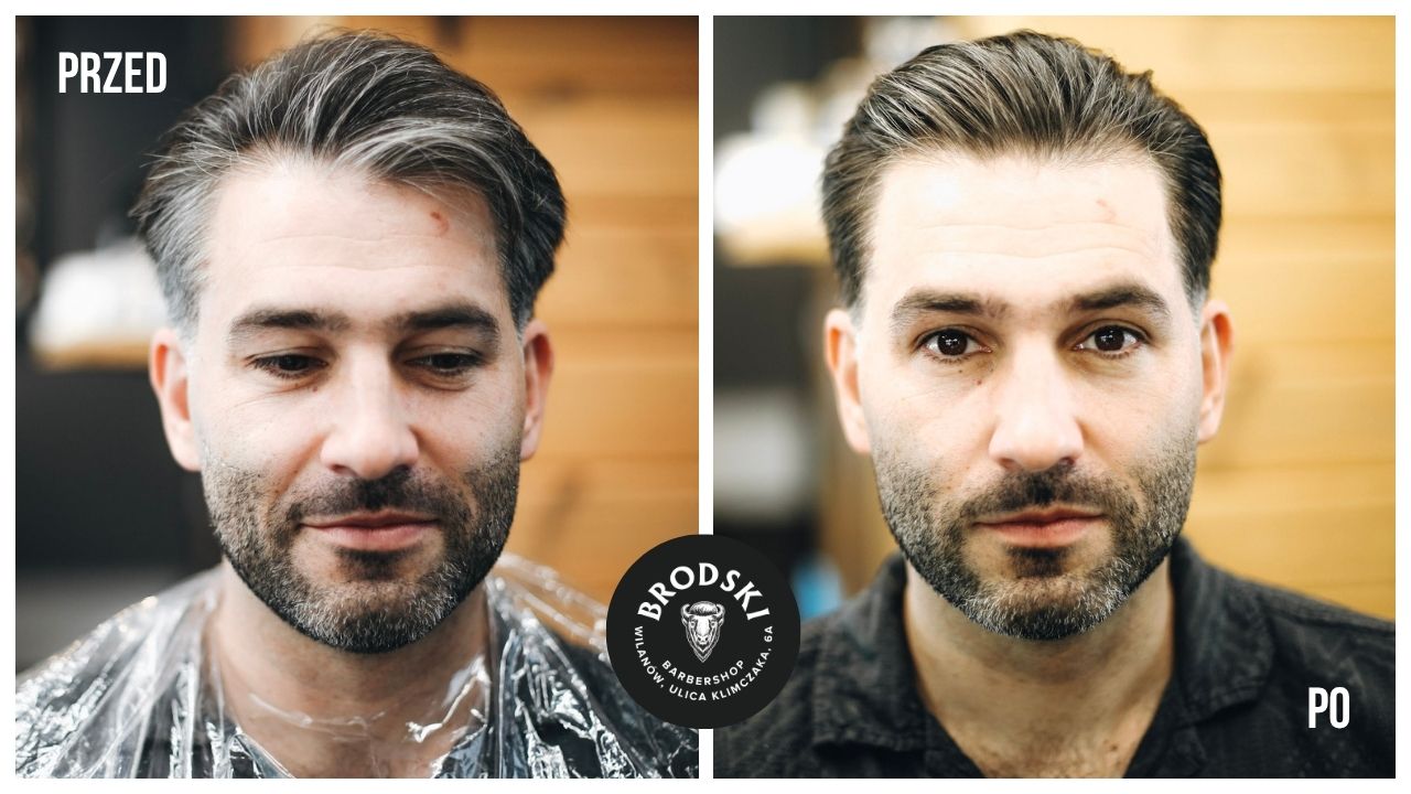 Odsiwianie brody i głowy efekt przed i po — cover bezamoniakalny BRODSKI Barbershop Wilanów
