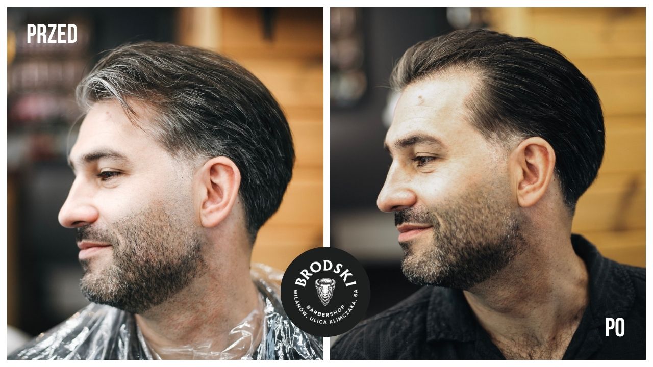 Cover głowy przed i po — odsiwianie włosów mężczyzny, BRODSKI Barbershop Warszawa Wilanów
