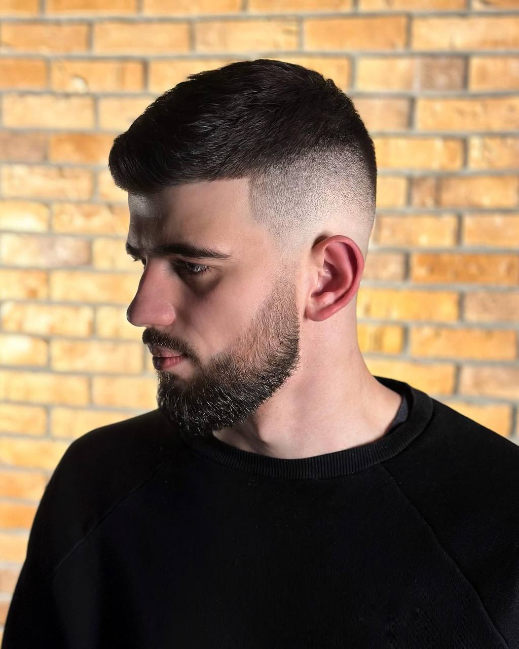 Crew cut with beard trim, profile view, by barber Alex at BRODSKI Barbershop Wilanów, Warszawa